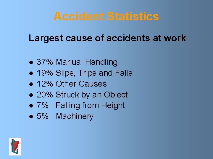 Accident Statistics Largest cause of accidents at work l l l 37% Manual Handling