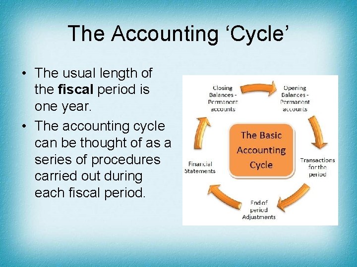 The Accounting ‘Cycle’ • The usual length of the fiscal period is one year.