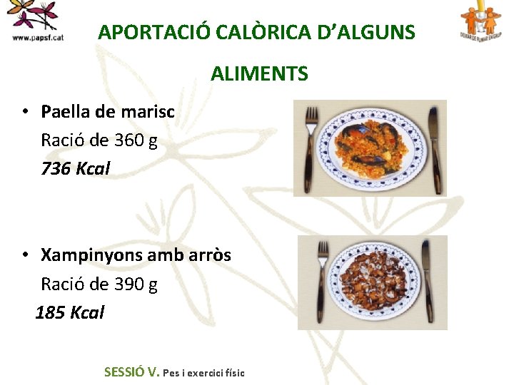 APORTACIÓ CALÒRICA D’ALGUNS ALIMENTS • Paella de marisc Ració de 360 g 736 Kcal