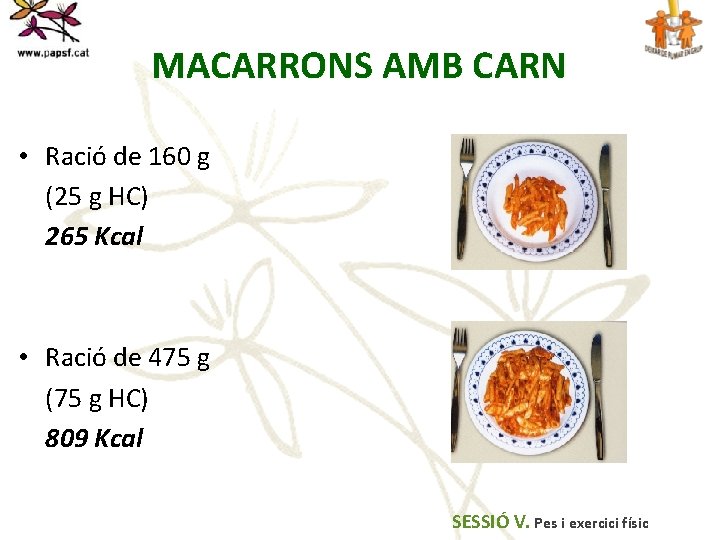 MACARRONS AMB CARN • Ració de 160 g (25 g HC) 265 Kcal •