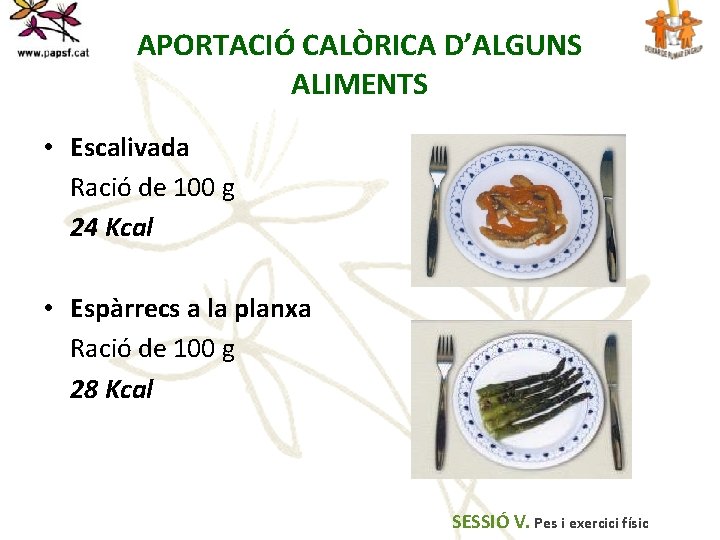 APORTACIÓ CALÒRICA D’ALGUNS ALIMENTS • Escalivada Ració de 100 g 24 Kcal • Espàrrecs