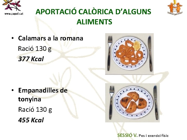 APORTACIÓ CALÒRICA D’ALGUNS ALIMENTS • Calamars a la romana Ració 130 g 377 Kcal