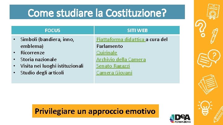 Come studiare la Costituzione? FOCUS • Simboli (bandiera, inno, emblema) • Ricorrenze • Storia