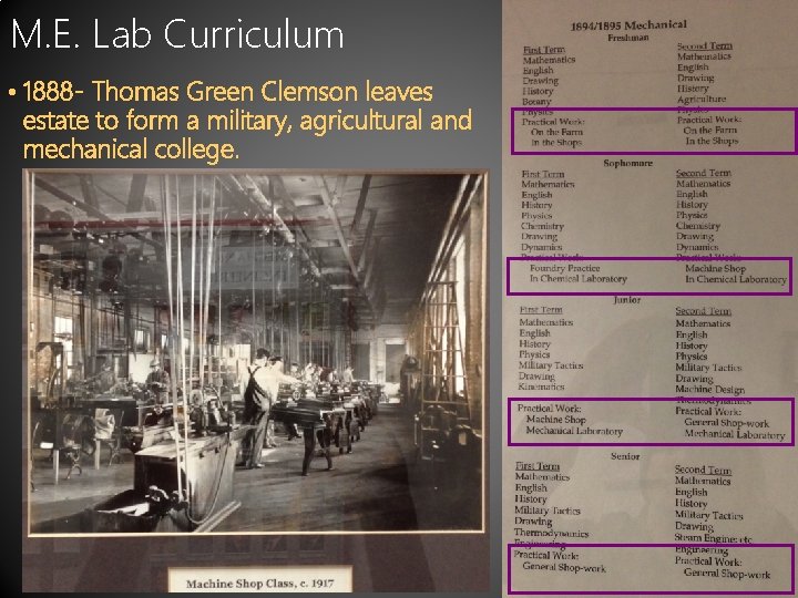 M. E. Lab Curriculum • 1888 - Thomas Green Clemson leaves estate to form