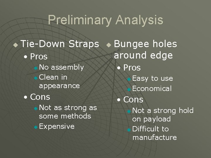 Preliminary Analysis u Tie-Down Straps • Pros No assembly u Clean in appearance u