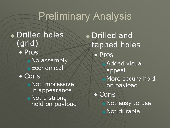 Preliminary Analysis u Drilled holes (grid) • Pros No assembly u Economical u •