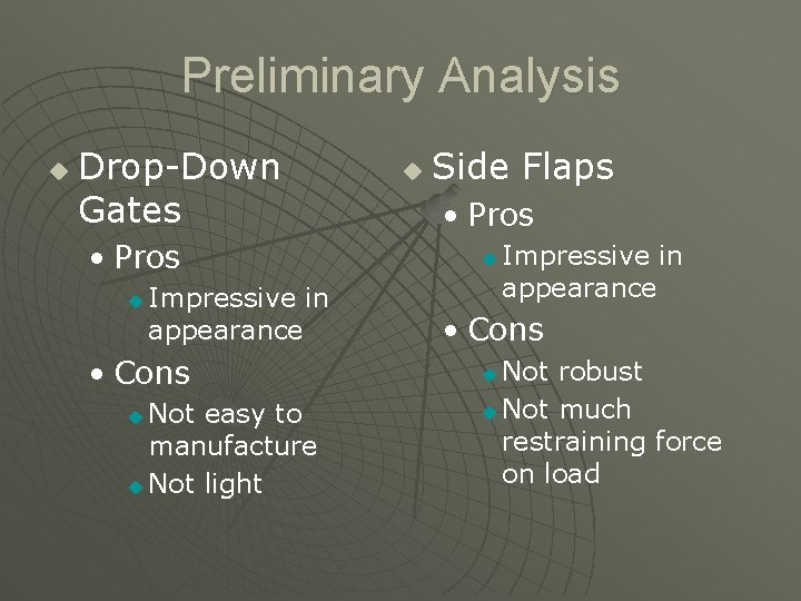 Preliminary Analysis u Drop-Down Gates • Pros u Impressive in appearance • Cons Not
