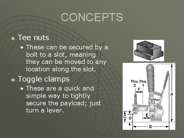 CONCEPTS u Tee nuts • These can be secured by a bolt to a