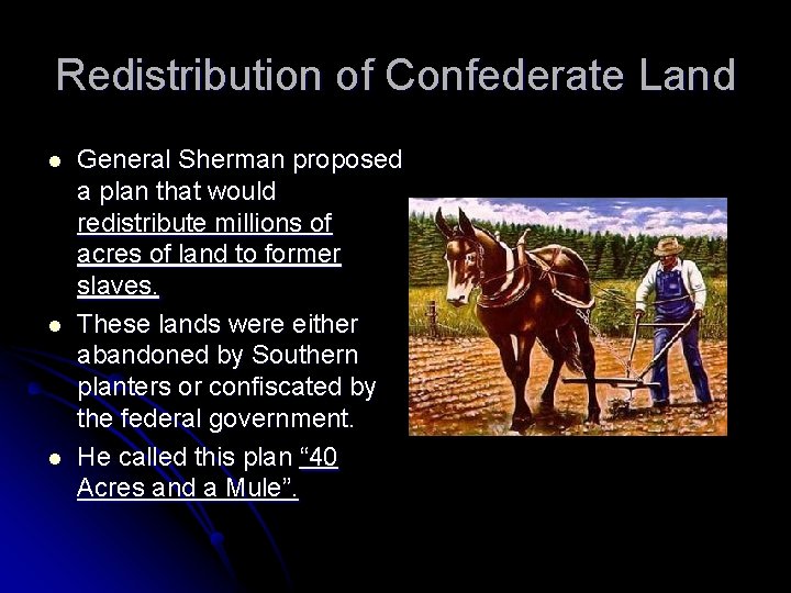 Redistribution of Confederate Land l l l General Sherman proposed a plan that would