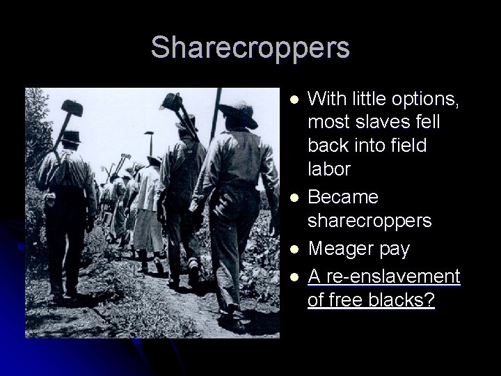 Sharecroppers l l With little options, most slaves fell back into field labor Became