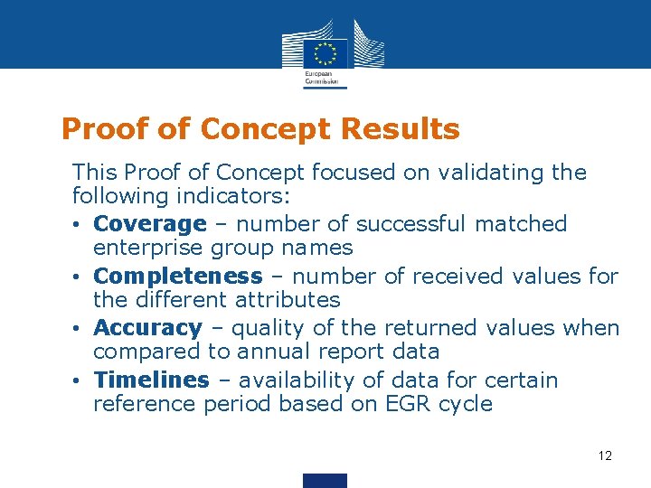 Proof of Concept Results This Proof of Concept focused on validating the following indicators: