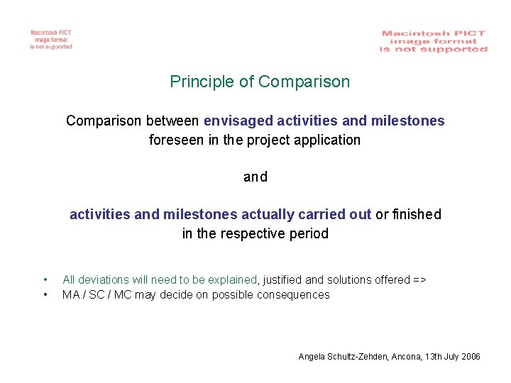 Principle of Comparison between envisaged activities and milestones foreseen in the project application and