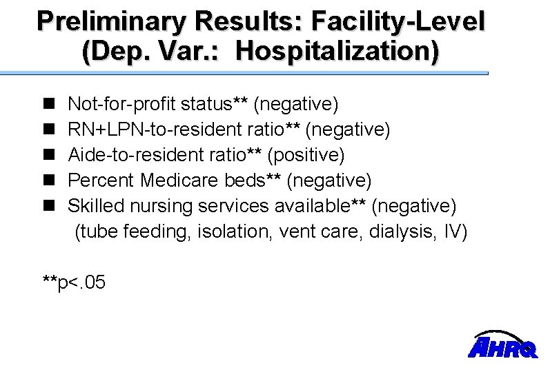 Preliminary Results: Facility-Level (Dep. Var. : Hospitalization) n n n Not-for-profit status** (negative) RN+LPN-to-resident