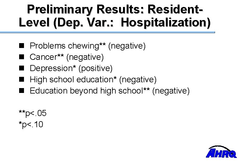 Preliminary Results: Resident. Level (Dep. Var. : Hospitalization) n n n Problems chewing** (negative)