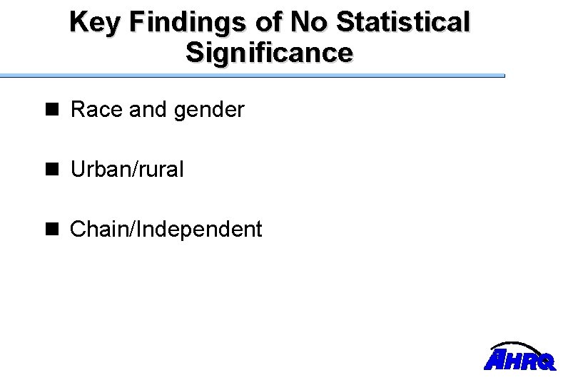 Key Findings of No Statistical Significance n Race and gender n Urban/rural n Chain/Independent