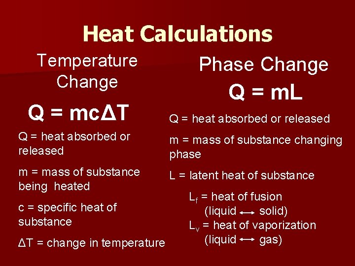 Heat Calculations Temperature Change Q = mcΔT Phase Change Q = m. L Q