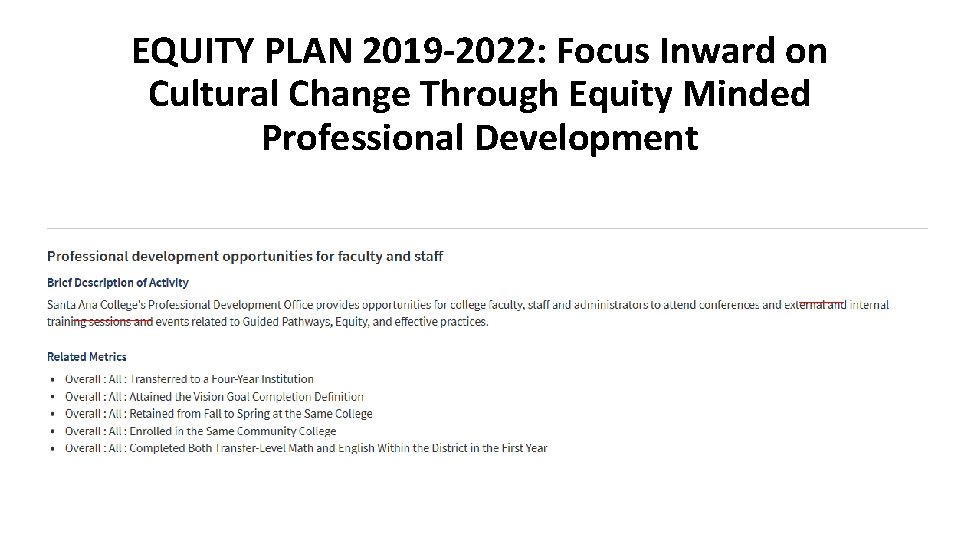 EQUITY PLAN 2019 -2022: Focus Inward on Cultural Change Through Equity Minded Professional Development