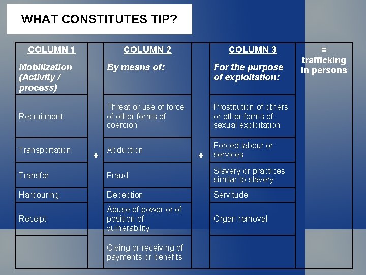 WHAT CONSTITUTES TIP? COLUMN 1 COLUMN 2 Mobilization (Activity / process) COLUMN 3 By