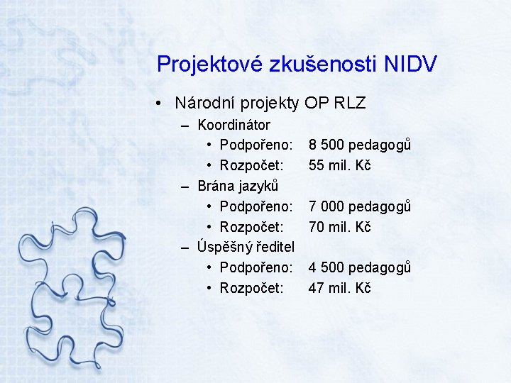 Projektové zkušenosti NIDV • Národní projekty OP RLZ – Koordinátor • Podpořeno: • Rozpočet: