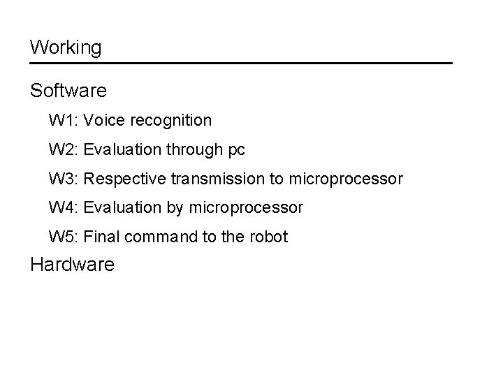Working Software W 1: Voice recognition W 2: Evaluation through pc W 3: Respective