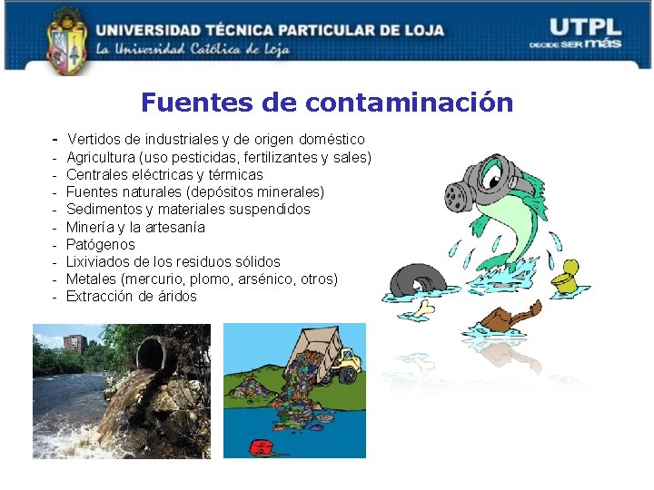 Fuentes de contaminación - Vertidos de industriales y de origen doméstico - Agricultura (uso