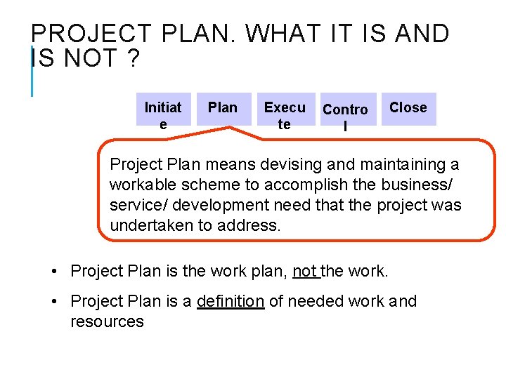 PROJECT PLAN. WHAT IT IS AND IS NOT ? Initiat e Plan Execu te