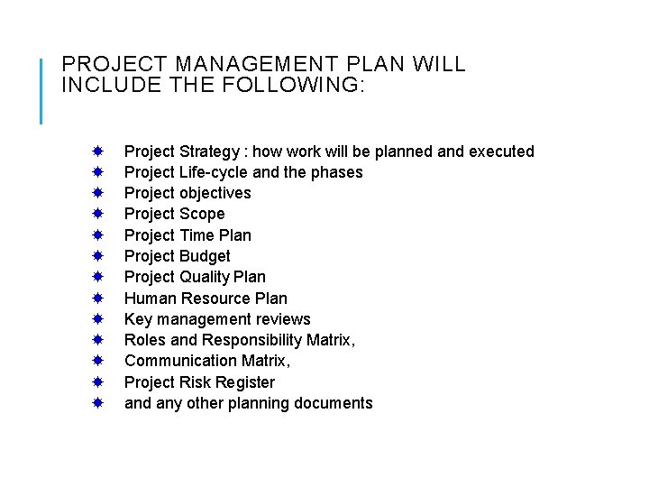 PROJECT MANAGEMENT PLAN WILL INCLUDE THE FOLLOWING: Project Strategy : how work will be