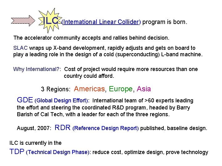 ILC (International Linear Collider) program is born. The accelerator community accepts and rallies behind