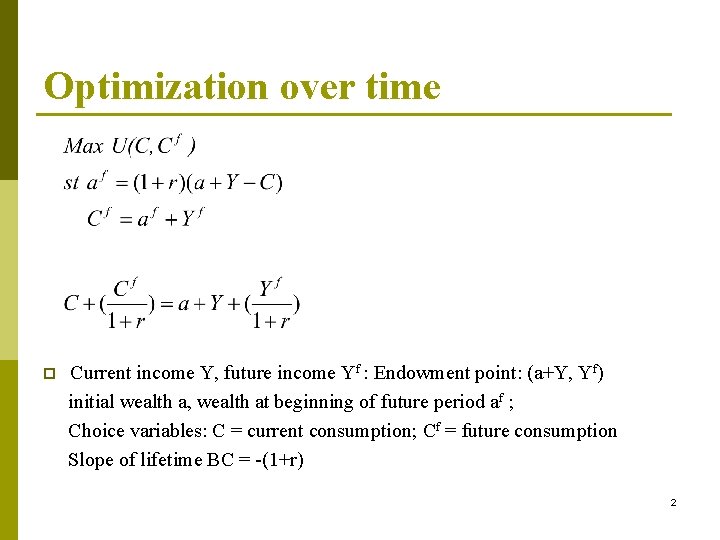Optimization over time p Current income Y, future income Yf : Endowment point: (a+Y,