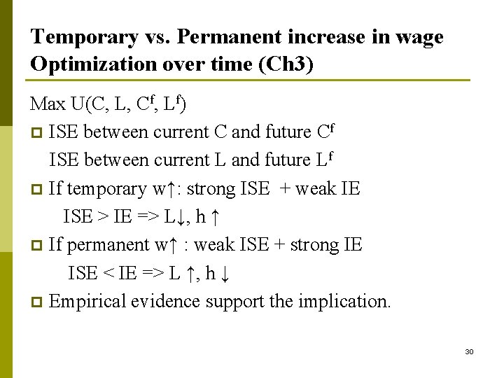Temporary vs. Permanent increase in wage Optimization over time (Ch 3) Max U(C, L,