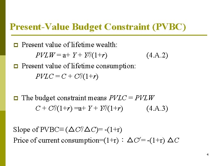 Present-Value Budget Constraint (PVBC) p p p Present value of lifetime wealth: PVLW =