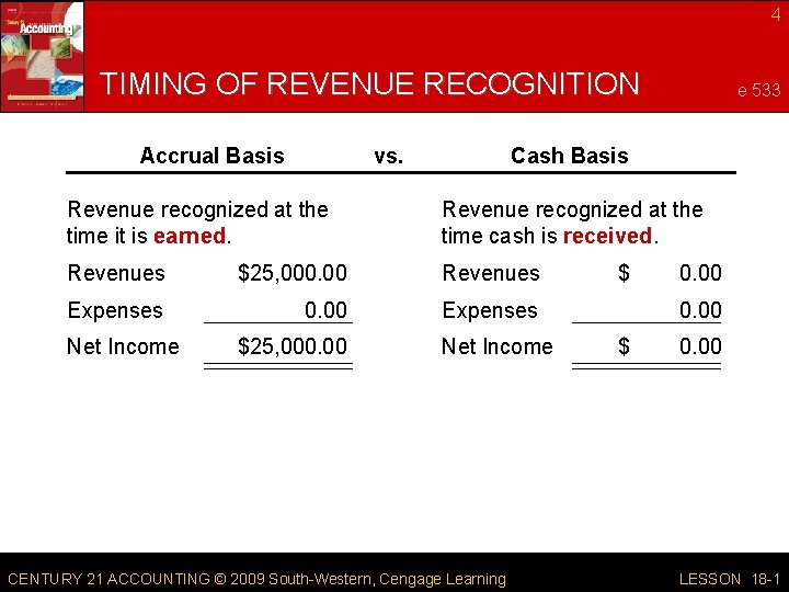 4 TIMING OF REVENUE RECOGNITION Accrual Basis vs. page 533 Cash Basis Revenue recognized