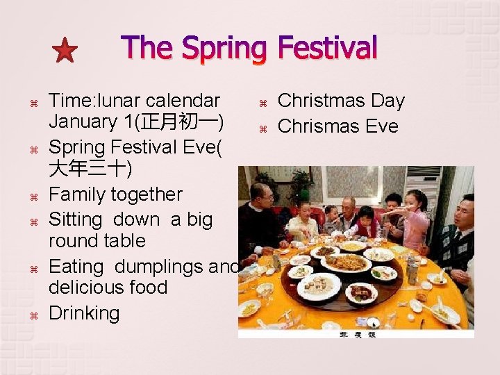 The Spring Festival Time: lunar calendar January 1(正月初一) Spring Festival Eve( 大年三十) Family together