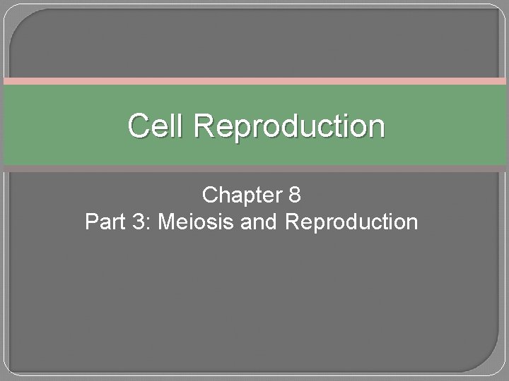 Cell Reproduction Chapter 8 Part 3: Meiosis and Reproduction 