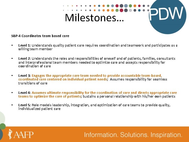 Milestones… SBP-4 Coordinates team based care • Level 1: Understands quality patient care requires