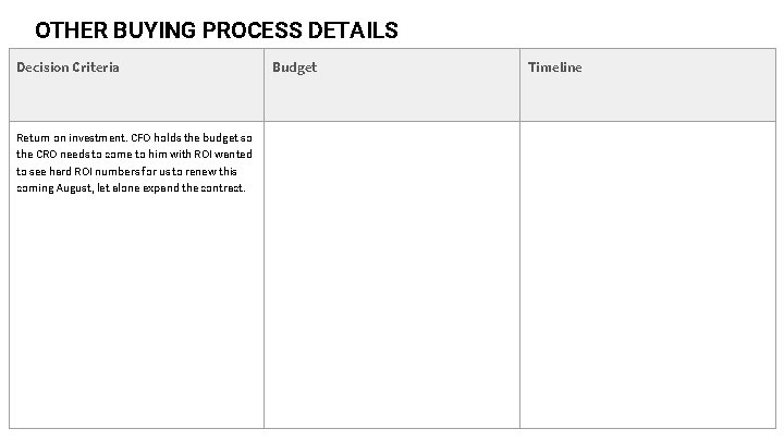 OTHER BUYING PROCESS DETAILS Decision Criteria Return on investment. CFO holds the budget so