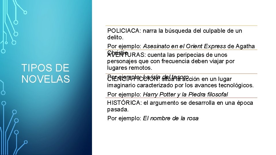 TIPOS DE NOVELAS POLICIACA: narra la búsqueda del culpable de un delito. Por ejemplo: