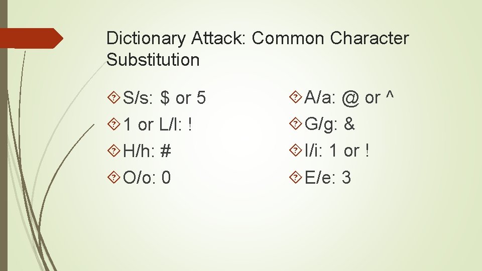 Dictionary Attack: Common Character Substitution S/s: $ or 5 1 or L/l: ! H/h: