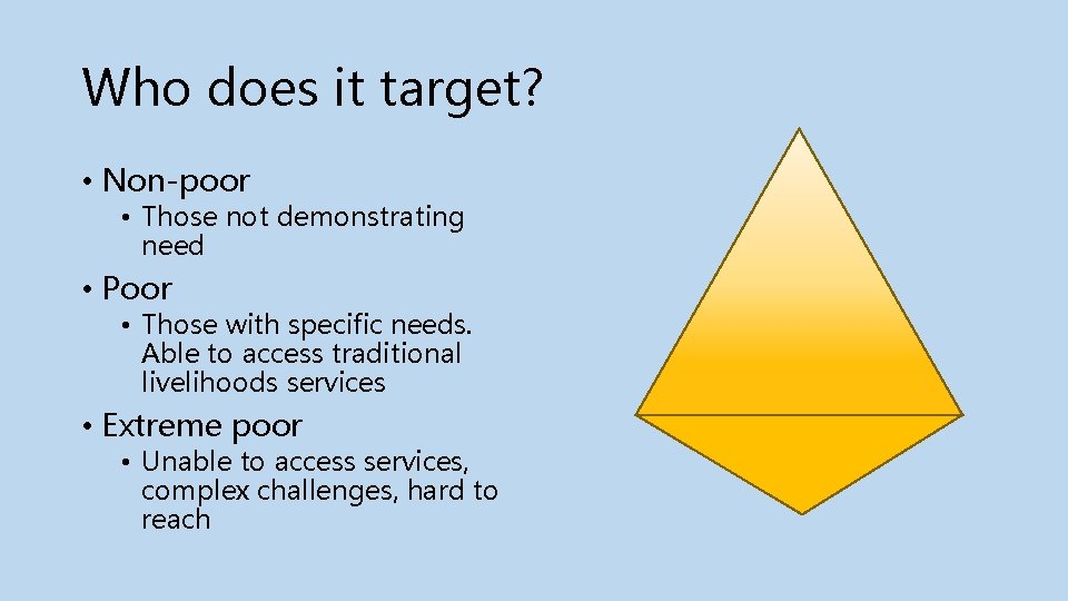 Who does it target? • Non-poor • Those not demonstrating need • Poor •