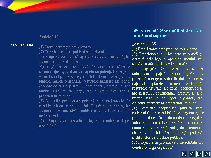 Article 135 Proprietatea 69. Articolul 135 se modifică şi va avea următorul cuprins: „Articolul