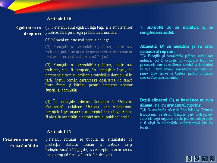 Articolul 16 Egalitatea în (1) Cetăţenii sunt egali în faţa legii şi a autorităţilor