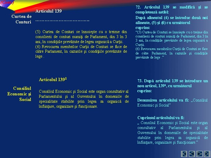 (Cont. ) Articolul 139 Curtea de Conturi ………………. . (5) Curtea de Conturi se