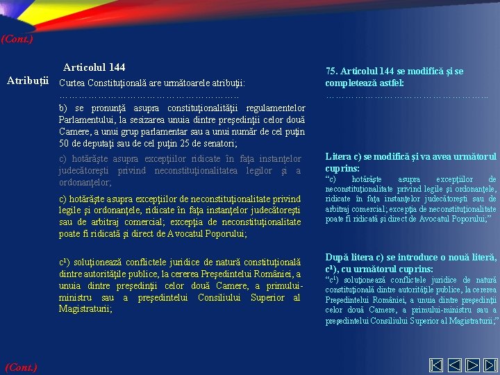 (Cont. ) Articolul 144 Atribuţii Curtea Constituţională are următoarele atribuţii: ………………………. . b) se