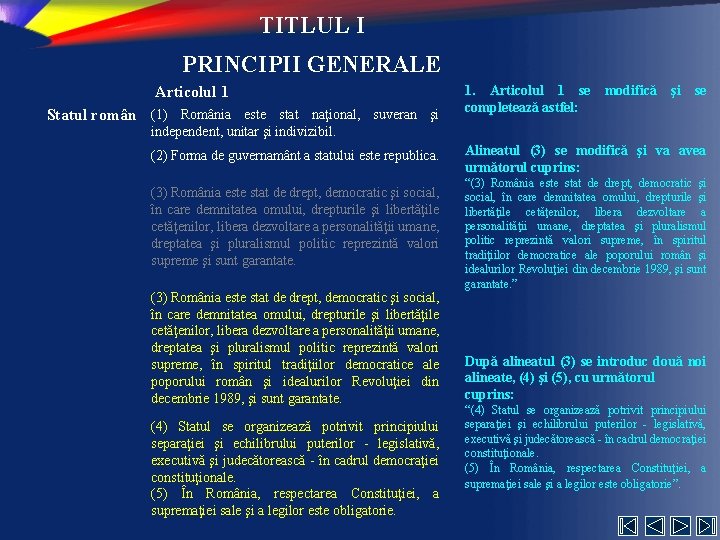 TITLUL I PRINCIPII GENERALE Articolul 1 Statul român (1) România este stat naţional, suveran
