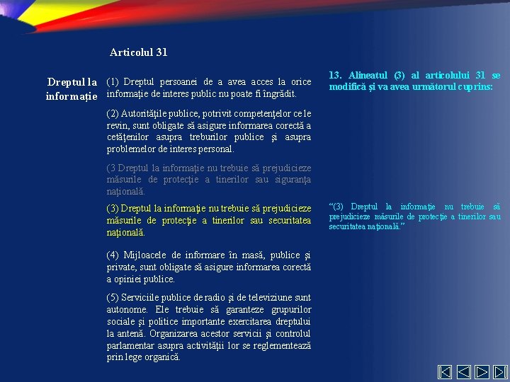 Articolul 31 Dreptul la (1) Dreptul persoanei de a avea acces la orice informaţie