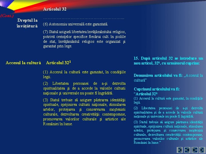 Articolul 32 (Cont. ) Dreptul la învăţătură ………………………. . . (6) Autonomia universală este