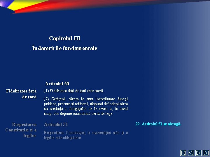 Capitolul III Îndatoririle fundamentale Articolul 50 Fidelitatea faţă de ţară (1) Fidelitatea faţă de