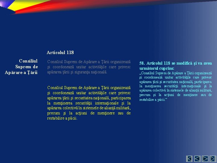 Articolul 118 Consiliul Suprem de Apărare a Ţării organizează şi coordonează unitar activităţile care