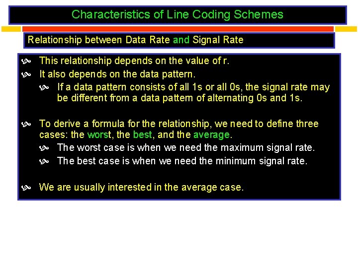 Characteristics of Line Coding Schemes Relationship between Data Rate and Signal Rate This relationship