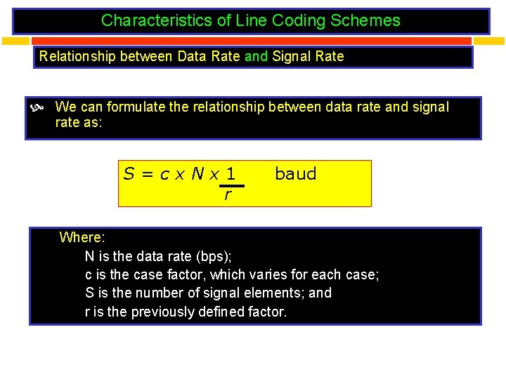 Characteristics of Line Coding Schemes Relationship between Data Rate and Signal Rate We can